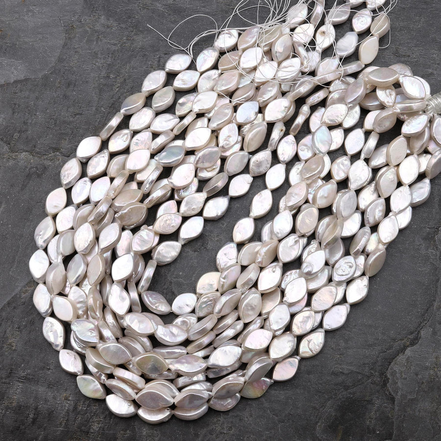 Real Genuine Natural White Freshwater Flat Marquise Leaf Pearl 16" Strand