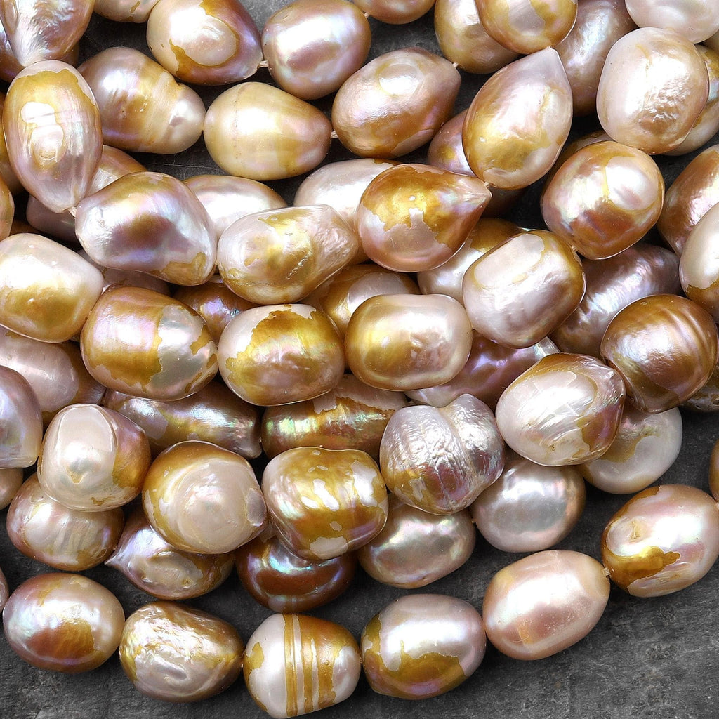 Large Genuine Freshwater Baroque Pearl Metallic Iridescent Golden Mauve Pink 15.5" Strand