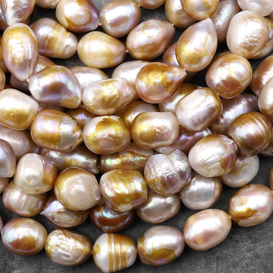Large Genuine Freshwater Baroque Pearl Metallic Iridescent Golden Mauve Pink 15.5" Strand