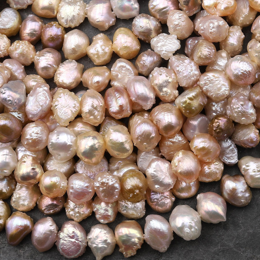 Rare Genuine Freshwater Peach Pink Golden Mauve Druzy Rosebud Pearl 10mm 12mm Center Drilled Button 15.5" Strand