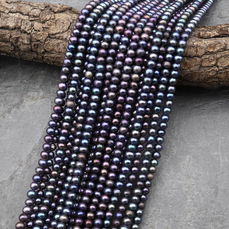 Peacock Off Round Rondelle Pearls 5mm 6mm Brilliant Dark Blue Green Purple Iridescence Real Genuine Freshwater Pearl 15.5" Strand