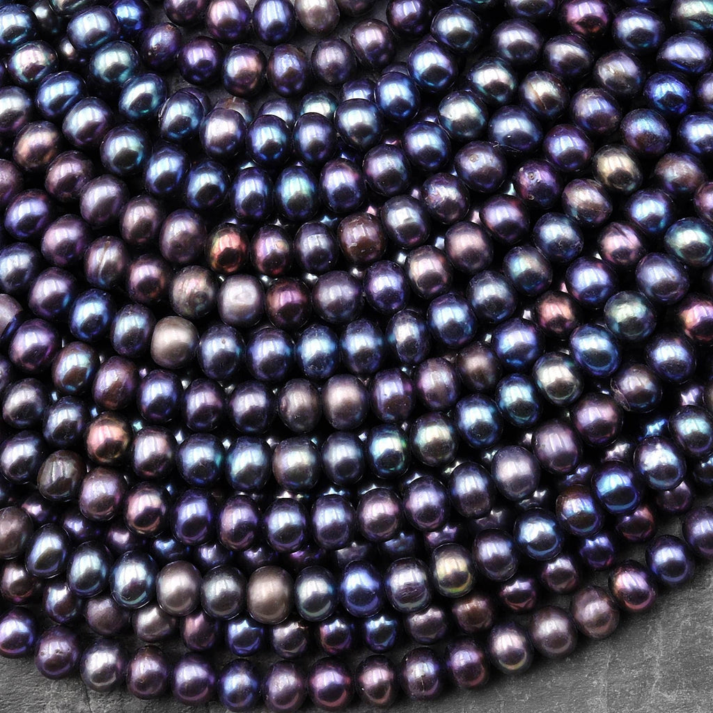 Peacock Off Round Rondelle Pearls 5mm 6mm Brilliant Dark Blue Green Purple Iridescence Real Genuine Freshwater Pearl 15.5" Strand
