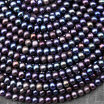 Peacock Off Round Rondelle Pearls 5mm 6mm Brilliant Dark Blue Green Purple Iridescence Real Genuine Freshwater Pearl 15.5" Strand