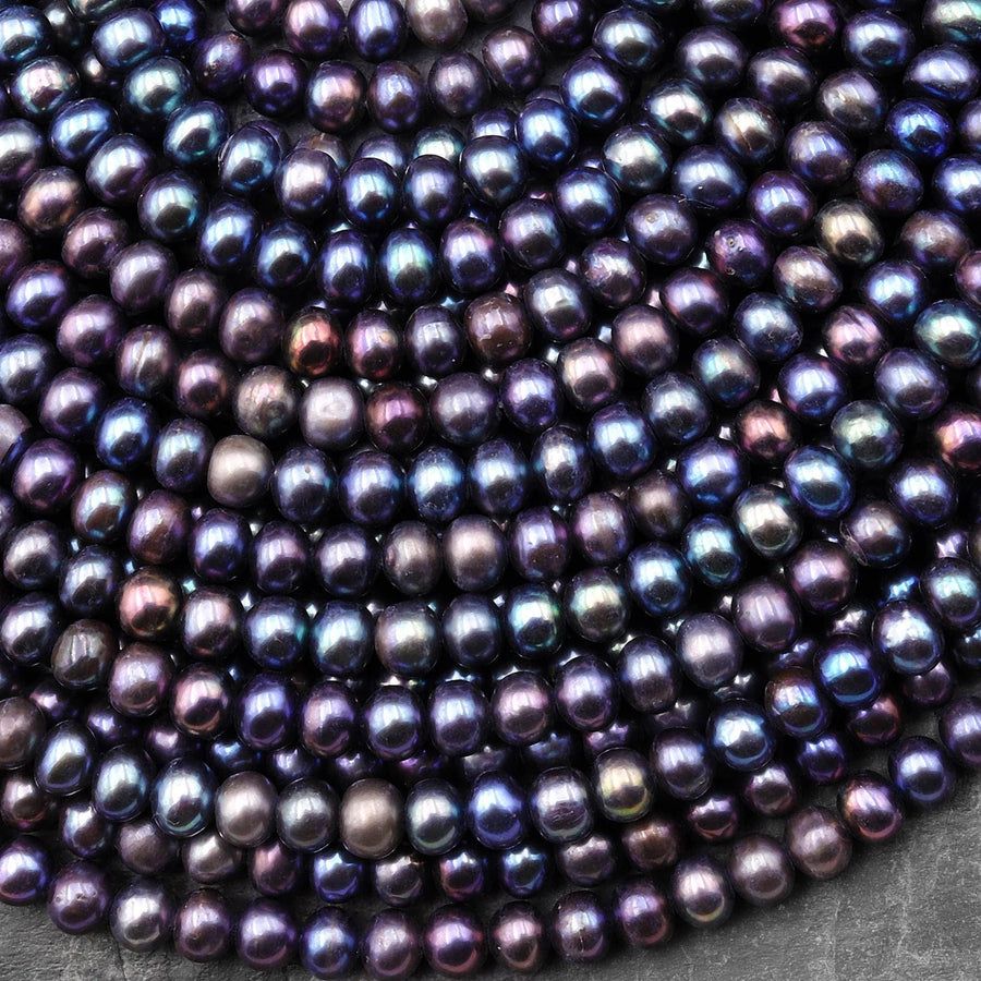 Peacock Off Round Rondelle Pearls 5mm 6mm Brilliant Dark Blue Green Purple Iridescence Real Genuine Freshwater Pearl 15.5" Strand