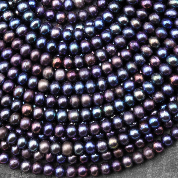 Peacock Off Round Rondelle Pearls 5mm 6mm Brilliant Dark Blue Green Purple Iridescence Real Genuine Freshwater Pearl 15.5" Strand