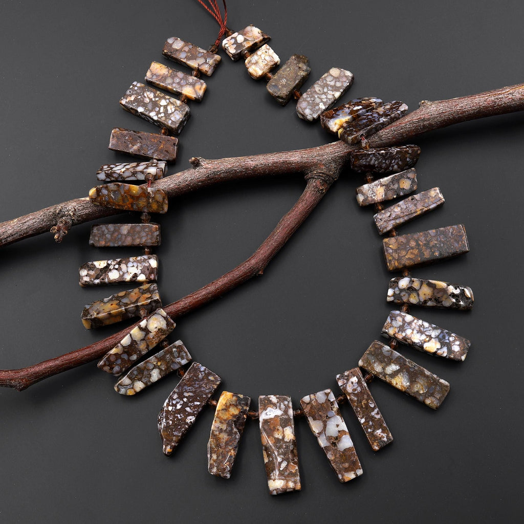 Natural African Lace Opal Freeform Rectangle Bead Spike Cleopatra Fan Shape 15.5" Strand A1