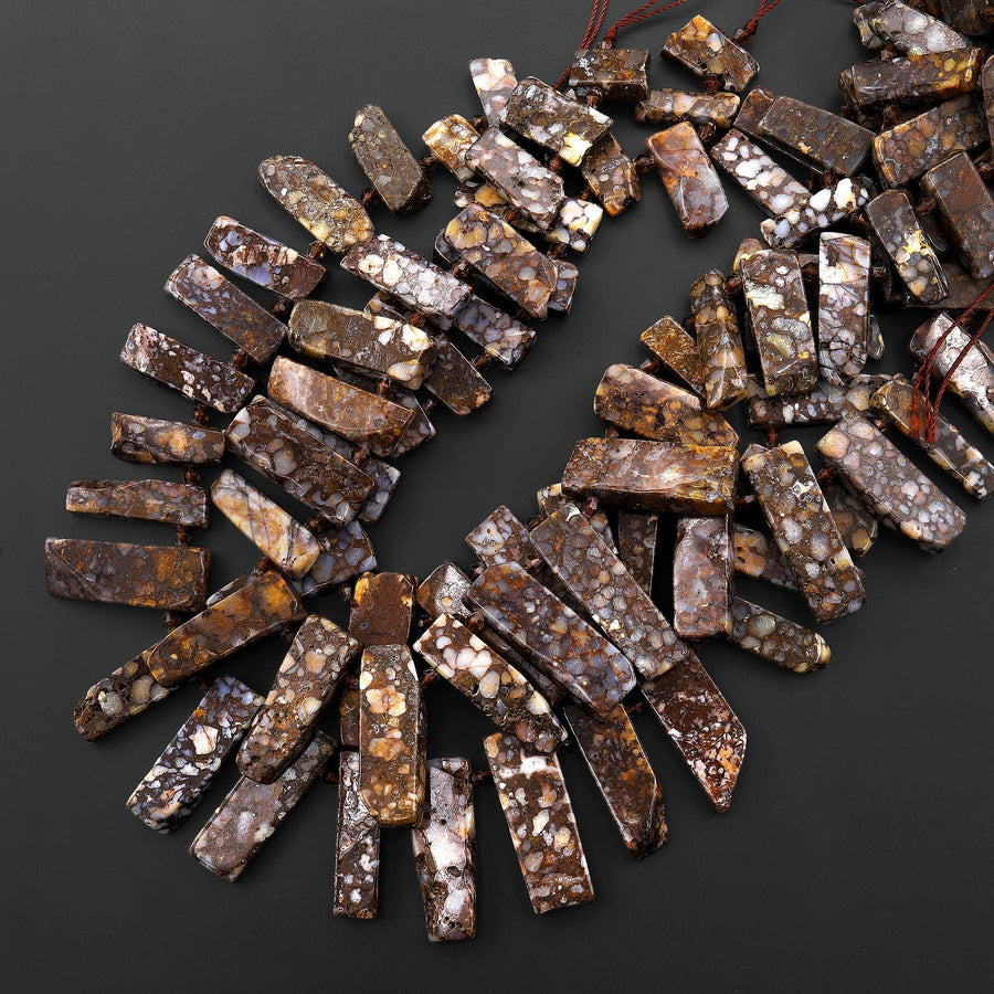 Natural African Lace Opal Freeform Rectangle Bead Spike Cleopatra Fan Shape 15.5" Strand