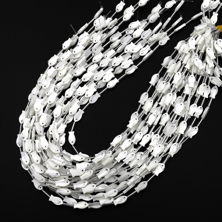 AAA Iridescent Carved Natural White Mother of Pearl Fish Beads Strand