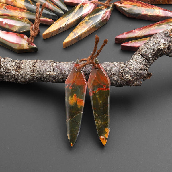Natural Red Creek Jasper Earring Pair Drilled Modern Tapered Spike Dagger Spearhead Shaped Matched Gemstone Beads A2