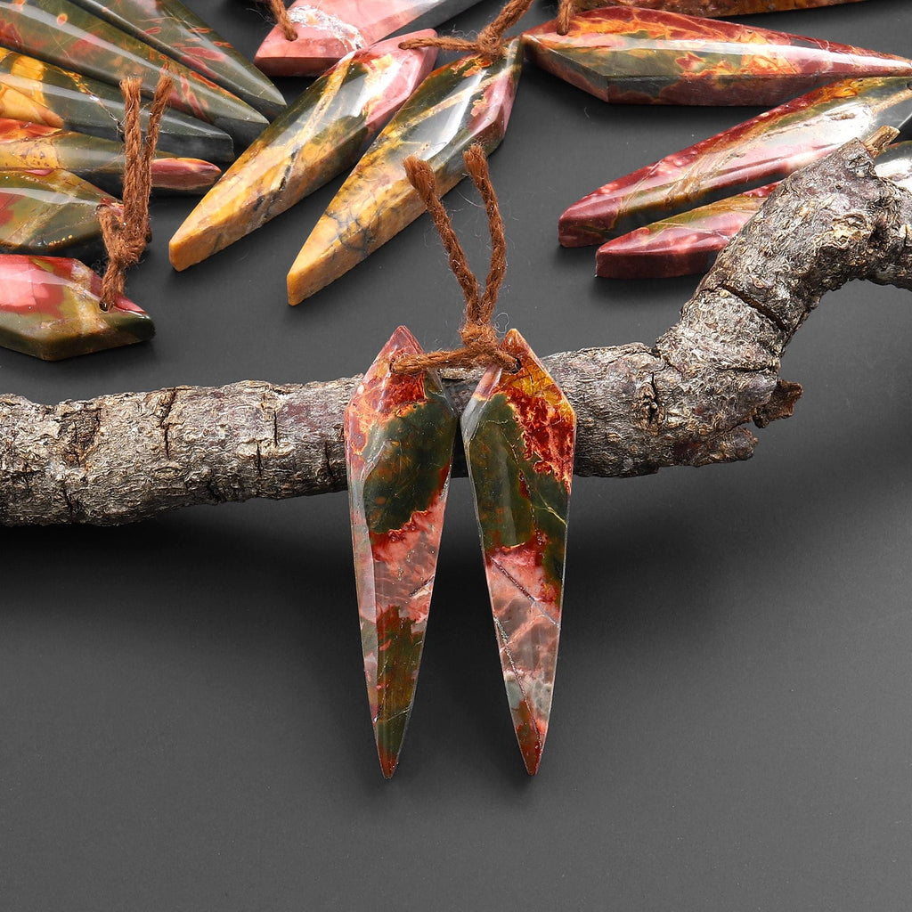 Natural Red Creek Jasper Earring Pair Drilled Modern Tapered Spike Dagger Spearhead Shaped Matched Gemstone Beads A4