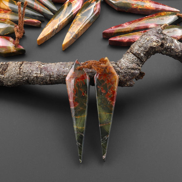 Natural Red Creek Jasper Earring Pair Drilled Modern Tapered Spike Dagger Spearhead Shaped Matched Gemstone Beads A7