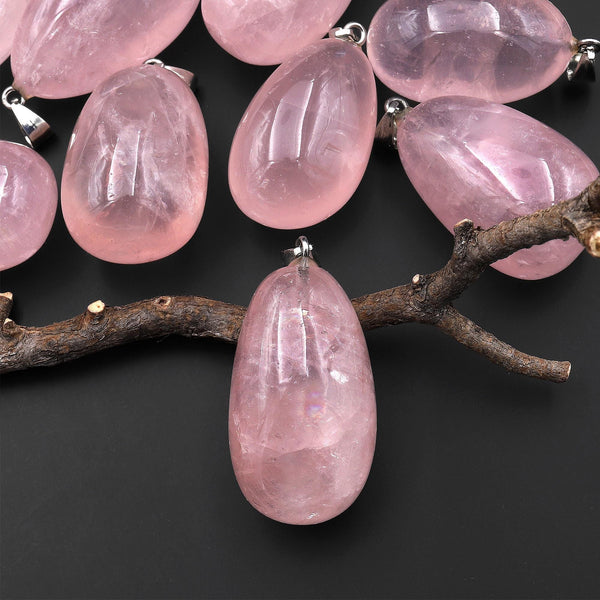 AAA Extra Gemmy Translucent Natural Madagascar Pink Rainbow Rose Quartz Egg Nugget Crystal Pendant A1