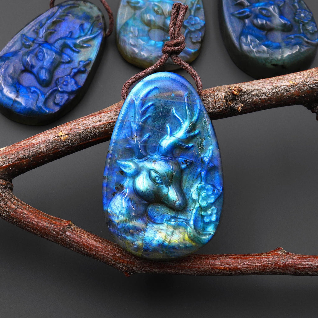 AAA Hand Carved Natural Blue Labradorite Artemis Deer Pendant Gemstone Focal Bead A14