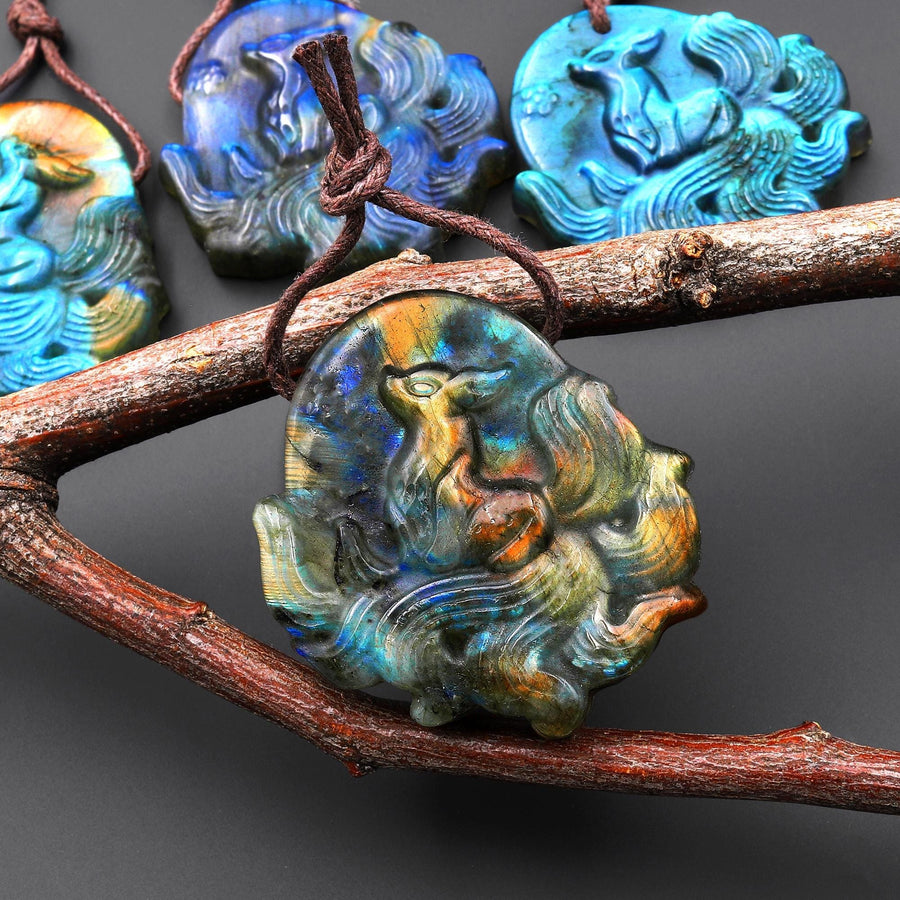AAA Hand Carved Natural Nine-Tailed Fox Blue Labradorite Pendant Gemstone Focal Bead A15