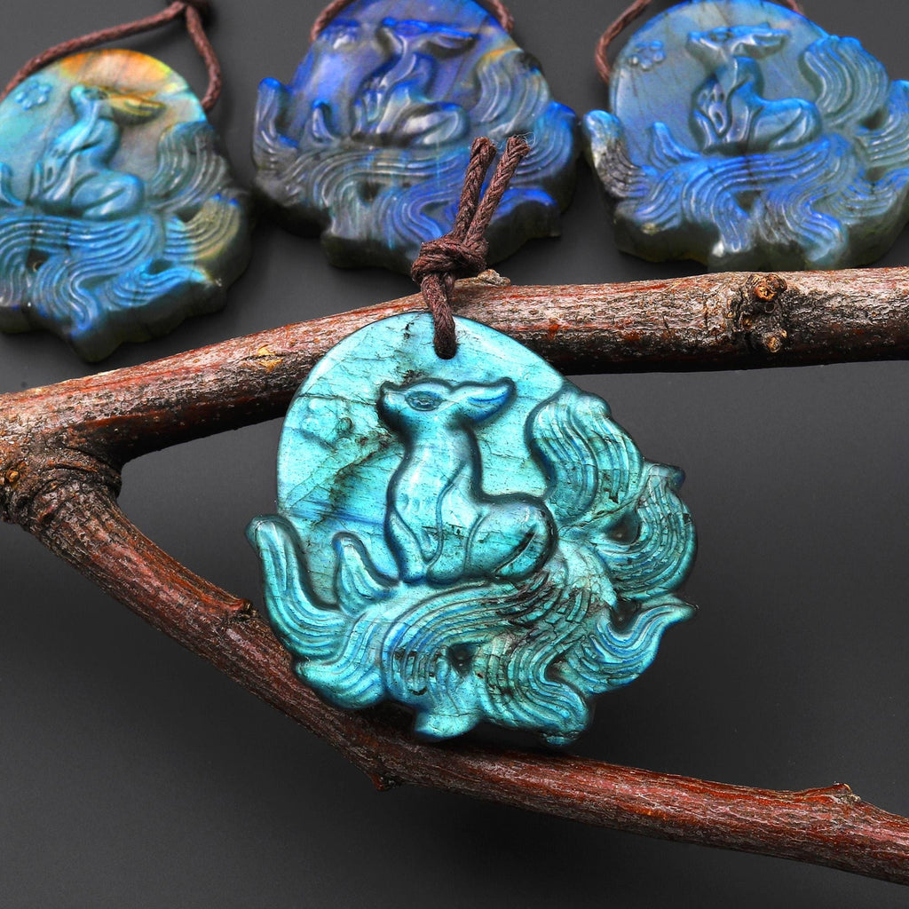 AAA Hand Carved Natural Nine-Tailed Fox Blue Labradorite Pendant Gemstone Focal Bead A17