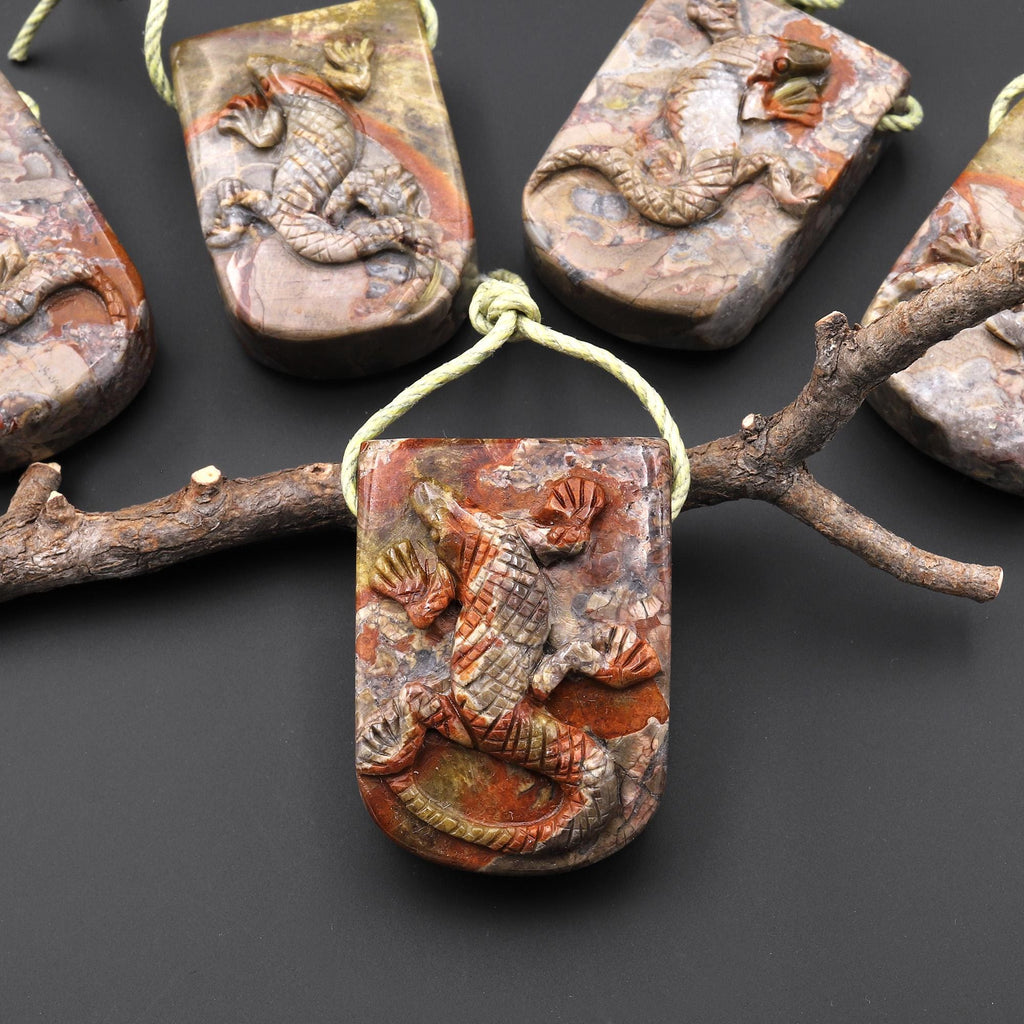 Large Hope Pendant Have Carved Natural Mushroom Jasper Rhyolite Lizard Pendant A2