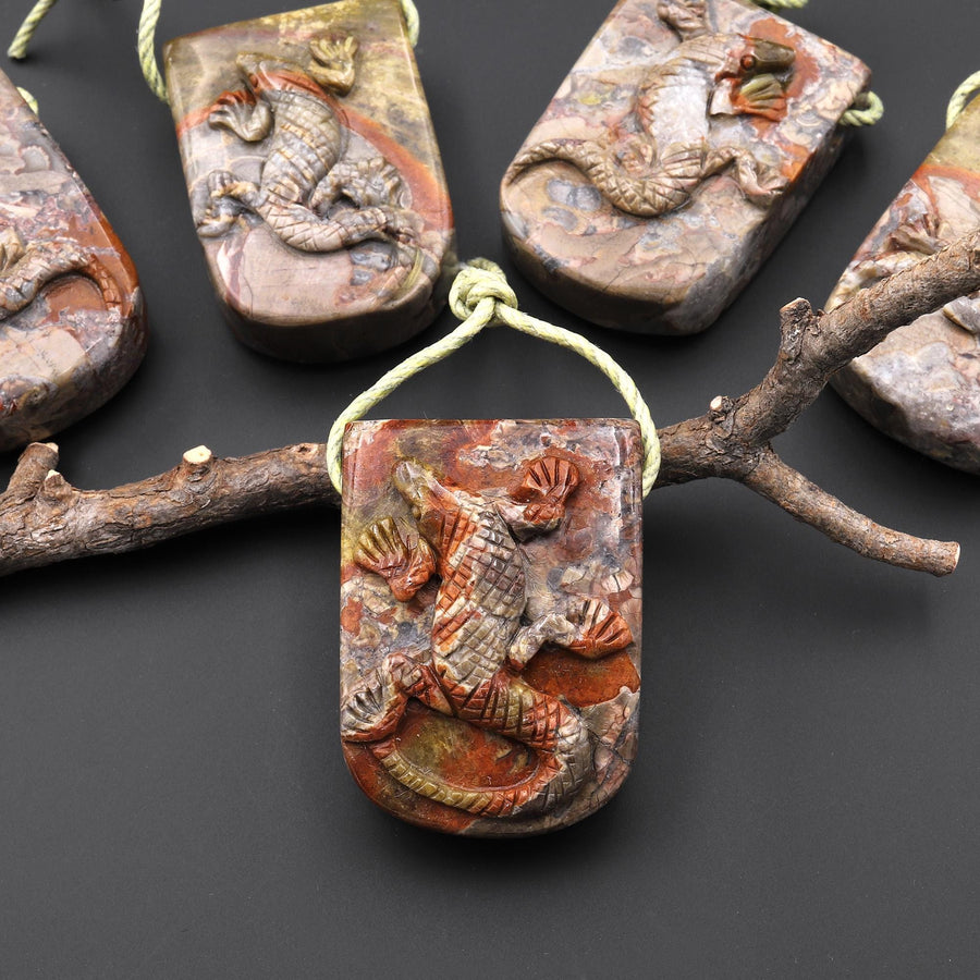 Large Hope Pendant Have Carved Natural Mushroom Jasper Rhyolite Lizard Pendant A2