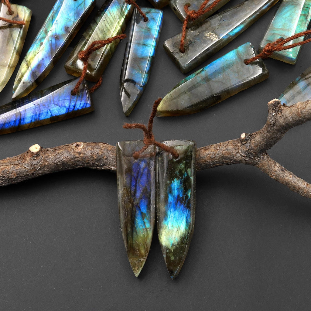 Flashy Natural Labradorite Earring Pair Short Dagger Triangle Drilled Matched Gemstone Beads A1