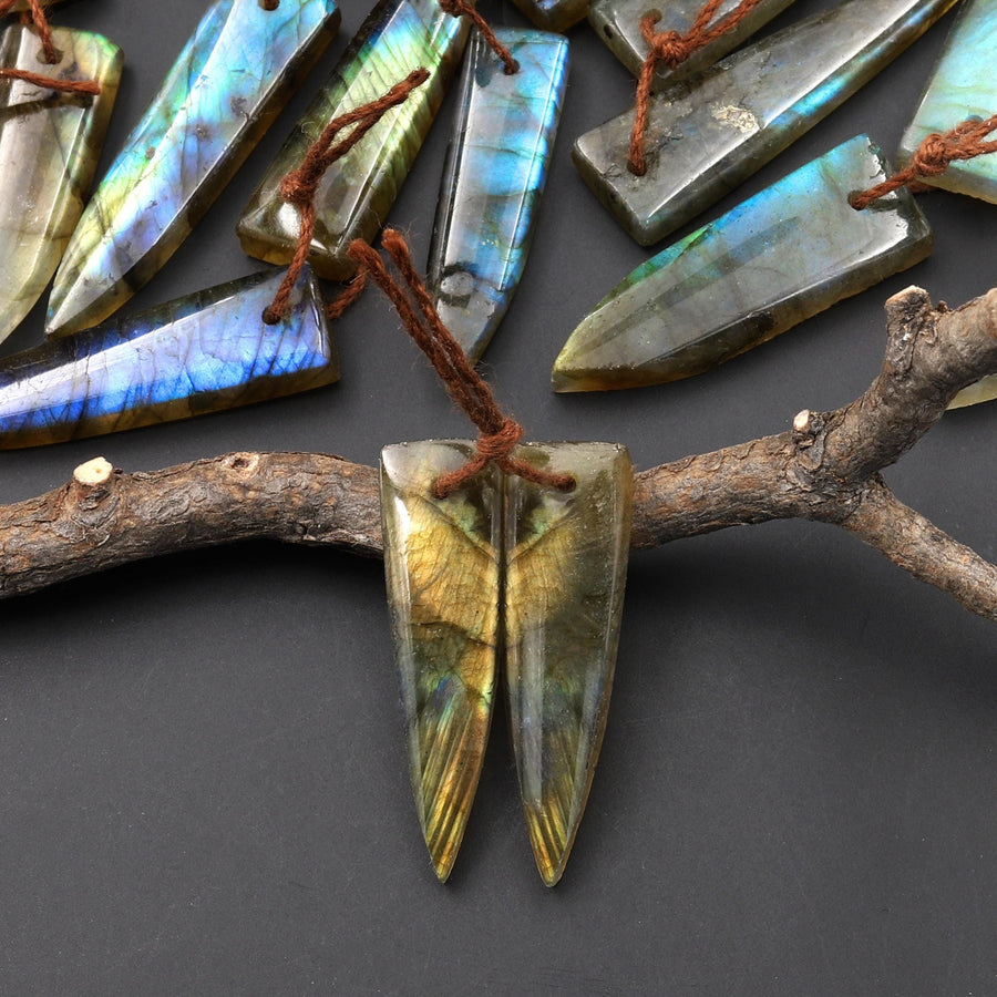 Flashy Natural Labradorite Earring Pair Short Dagger Triangle Drilled Matched Gemstone Beads A3