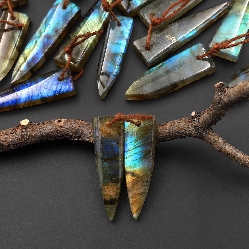 Flashy Natural Labradorite Earring Pair Short Dagger Triangle Drilled Matched Gemstone Beads A4