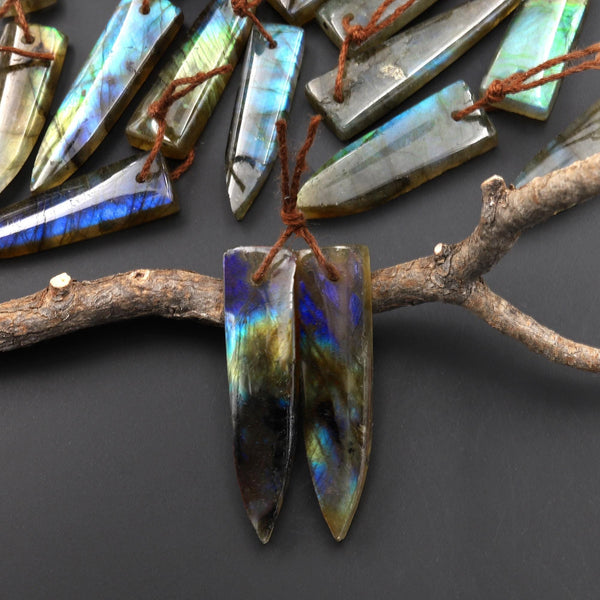 Flashy Natural Labradorite Earring Pair Short Dagger Triangle Drilled Matched Gemstone Beads A2