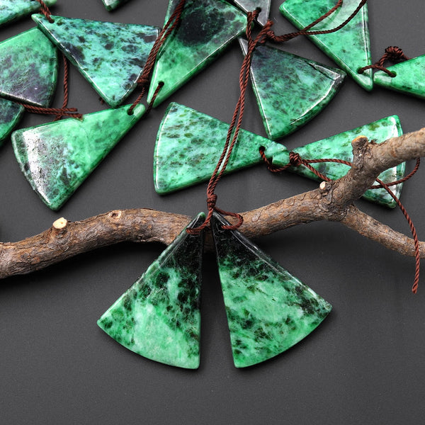 Rare Genuine Natural Green Burma Maw Sit Sit Jade Albite Curved Fan Triangle Earring Pair Drilled Gemstone Matched Beads A1
