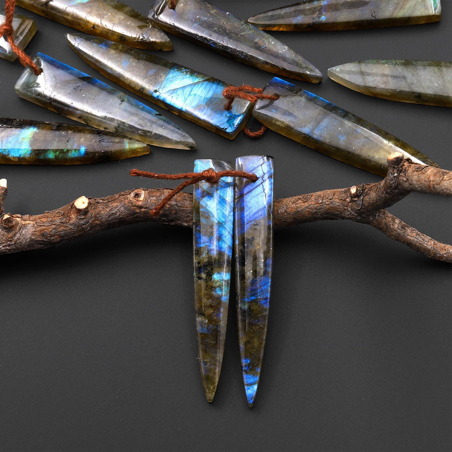 Flashy Natural Labradorite Earring Pair Dagger Elongated Tapered Spike Point Drilled Matched Gemstone Beads