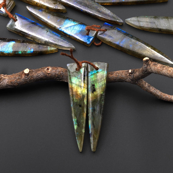 Flashy Natural Labradorite Earring Pair Dagger Elongated Tapered Spike Point Drilled Matched Gemstone Beads A2
