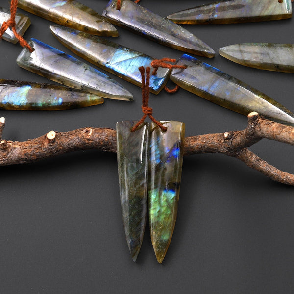 Flashy Natural Labradorite Earring Pair Dagger Elongated Tapered Spike Point Drilled Matched Gemstone Beads A5