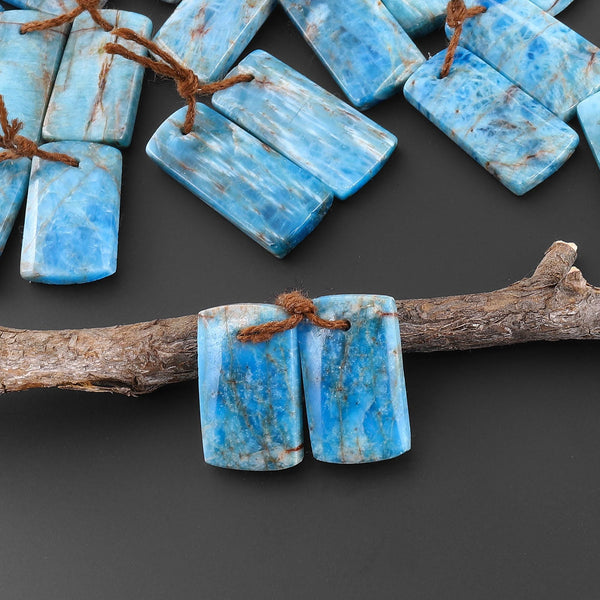 Natural Robin's Egg Turquoise Blue Apatite Short Rectangle Earrings Drilled Matched Gemstone Beads Pair A1
