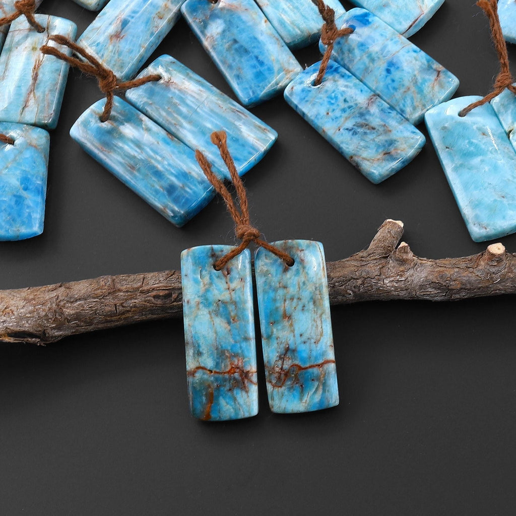 Natural Robin's Egg Turquoise Blue Apatite Short Rectangle Earrings Drilled Matched Gemstone Beads Pair A2