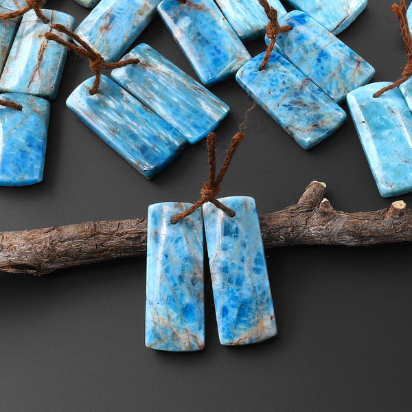 Natural Robin's Egg Turquoise Blue Apatite Short Rectangle Earrings Drilled Matched Gemstone Beads Pair A4