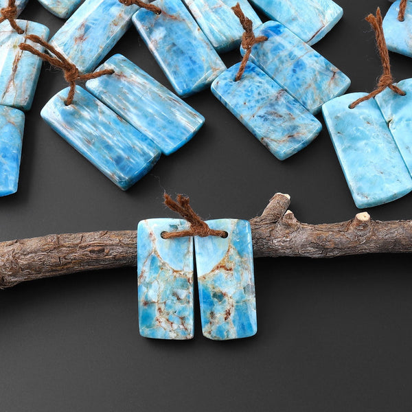 Natural Robin's Egg Turquoise Blue Apatite Short Rectangle Earrings Drilled Matched Gemstone Beads Pair A5