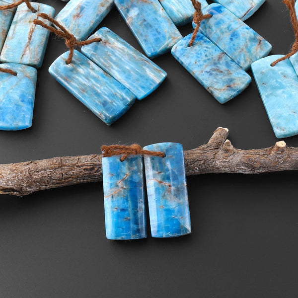 Natural Robin's Egg Turquoise Blue Apatite Short Rectangle Earrings Drilled Matched Gemstone Beads Pair A6