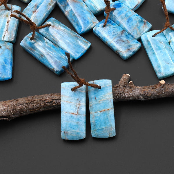 Natural Robin's Egg Turquoise Blue Apatite Short Rectangle Earrings Drilled Matched Gemstone Beads Pair A7