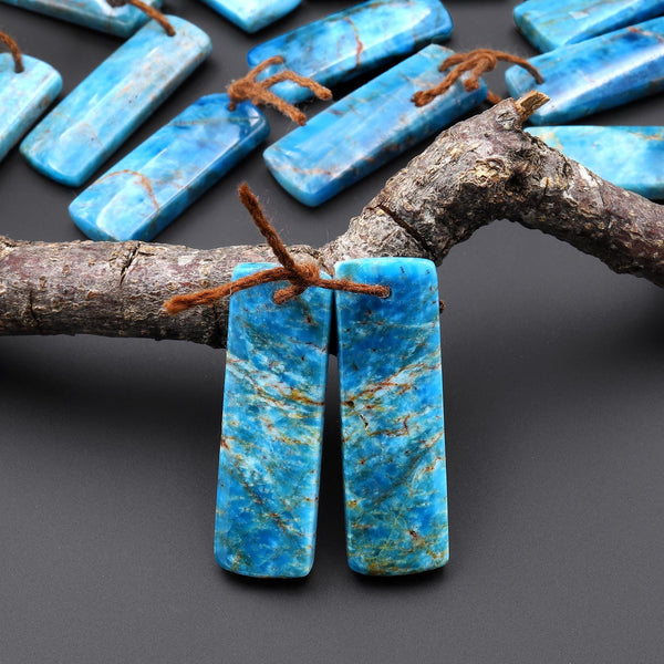Rare Natural Robin's Egg Turquoise Blue Apatite Rectangle Earrings Drilled Matched Gemstone Beads Pair A3