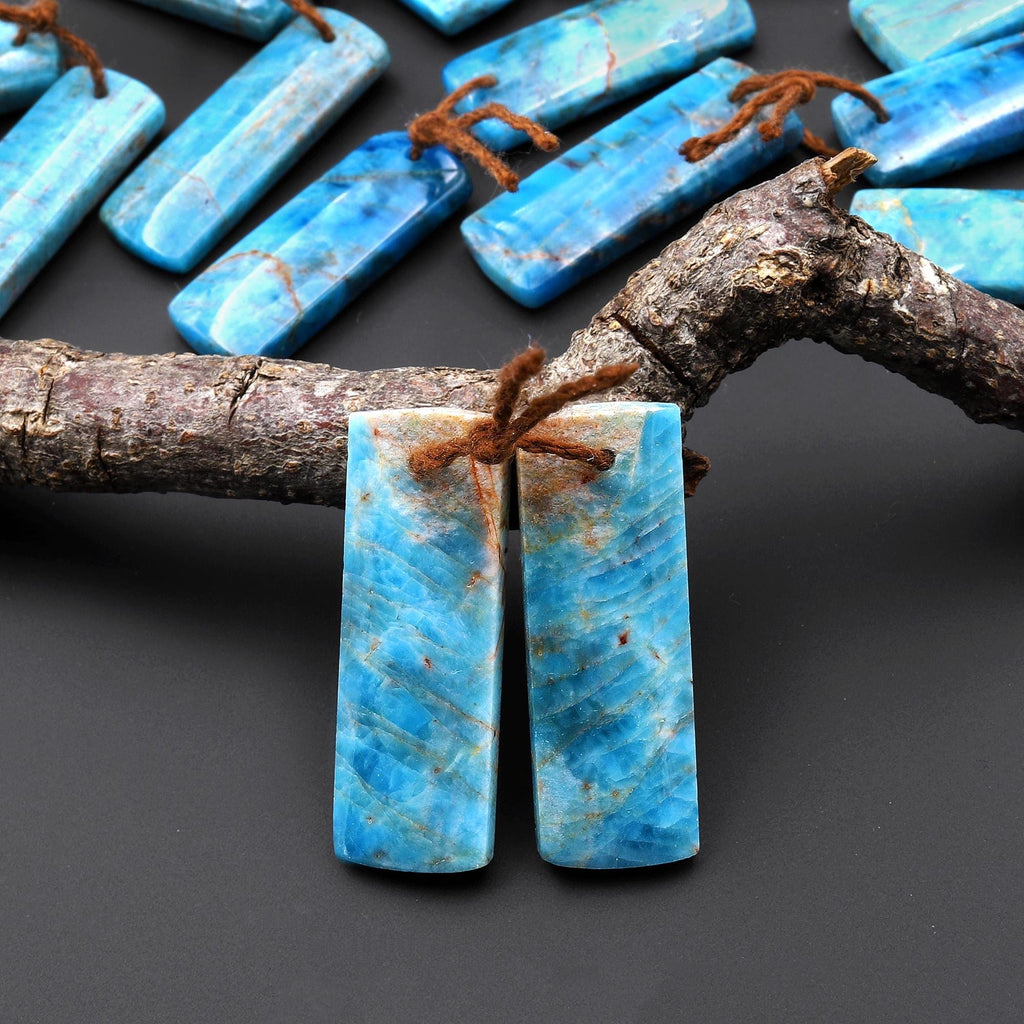 Rare Natural Robin's Egg Turquoise Blue Apatite Rectangle Earrings Drilled Matched Gemstone Beads Pair A4