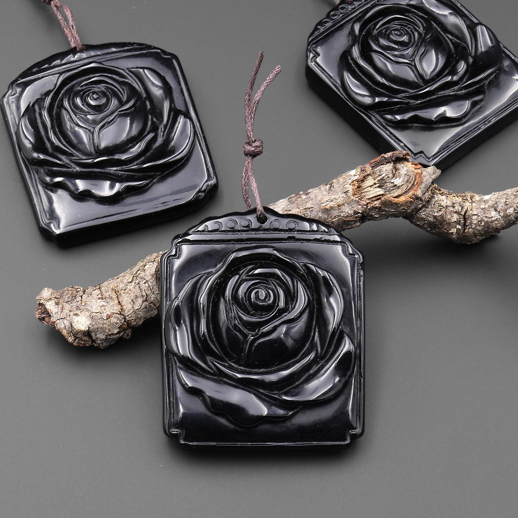 AAA Hand Carved Natural Black Onyx Blooming 3D Rose Flower Ornate Rectangle Pendant Gemstone Focal Bead