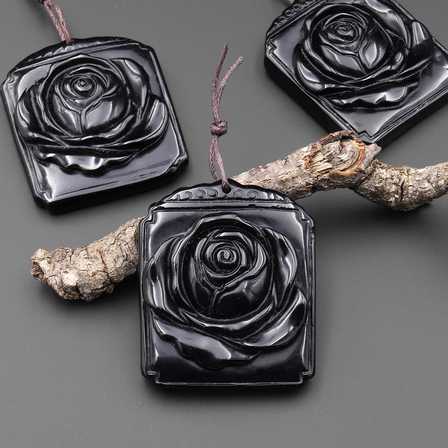 AAA Hand Carved Natural Black Onyx Blooming 3D Rose Flower Ornate Rectangle Pendant Gemstone Focal Bead