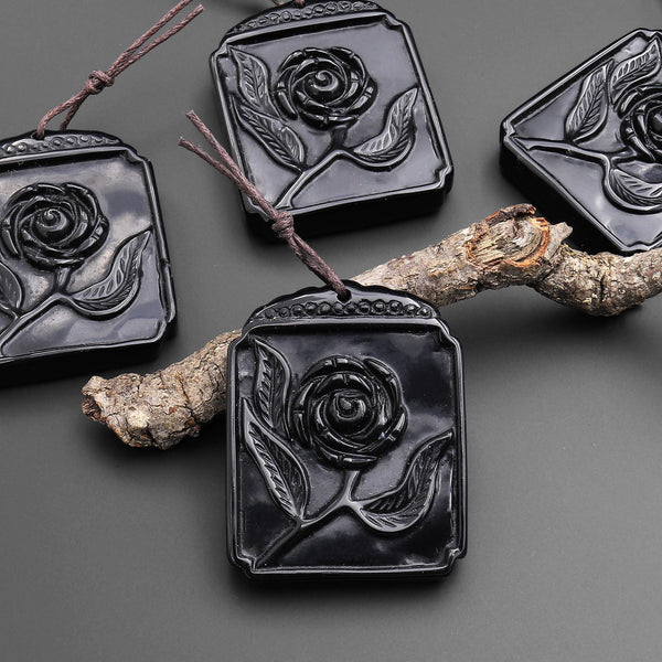 AAA Hand Carved Natural Black Onyx Rose Flower Ornate Rectangle Pendant Gemstone Focal Bead