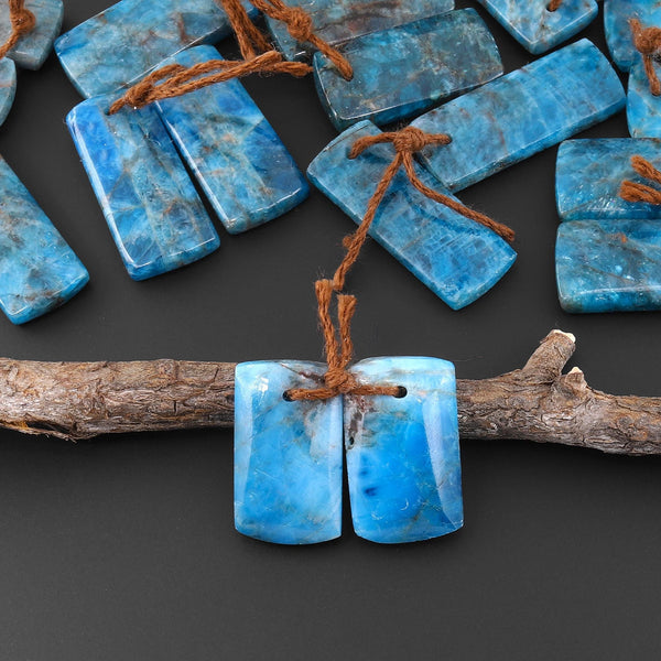 Natural Teal Blue Apatite Short Rectangle Earrings Drilled Matched Gemstone Beads Pair A1