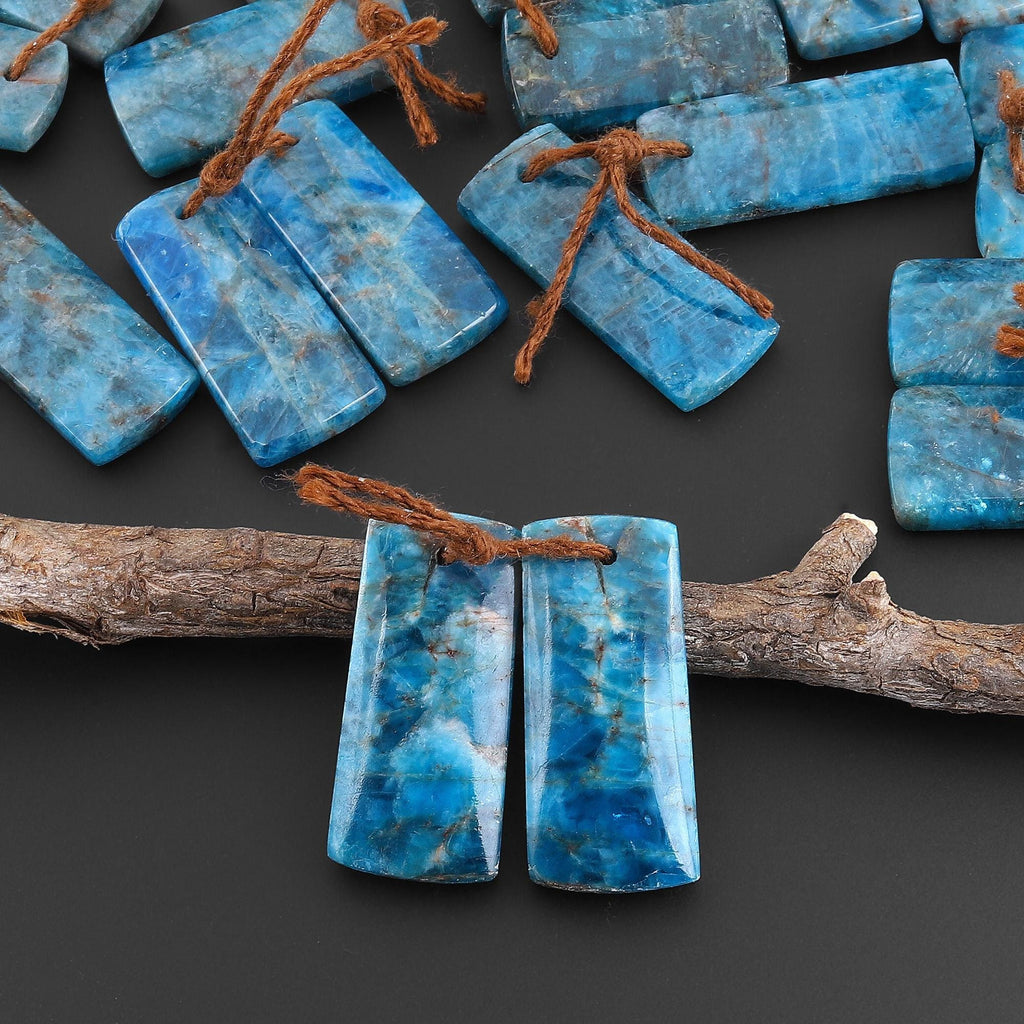 Natural Teal Blue Apatite Short Rectangle Earrings Drilled Matched Gemstone Beads Pair A3