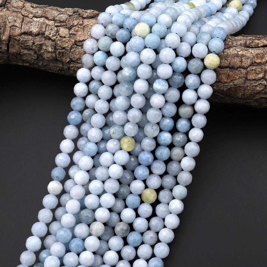 Faceted Natural Aquamarine 6mm 8mm 10mm Round Beads 15.5" Strand