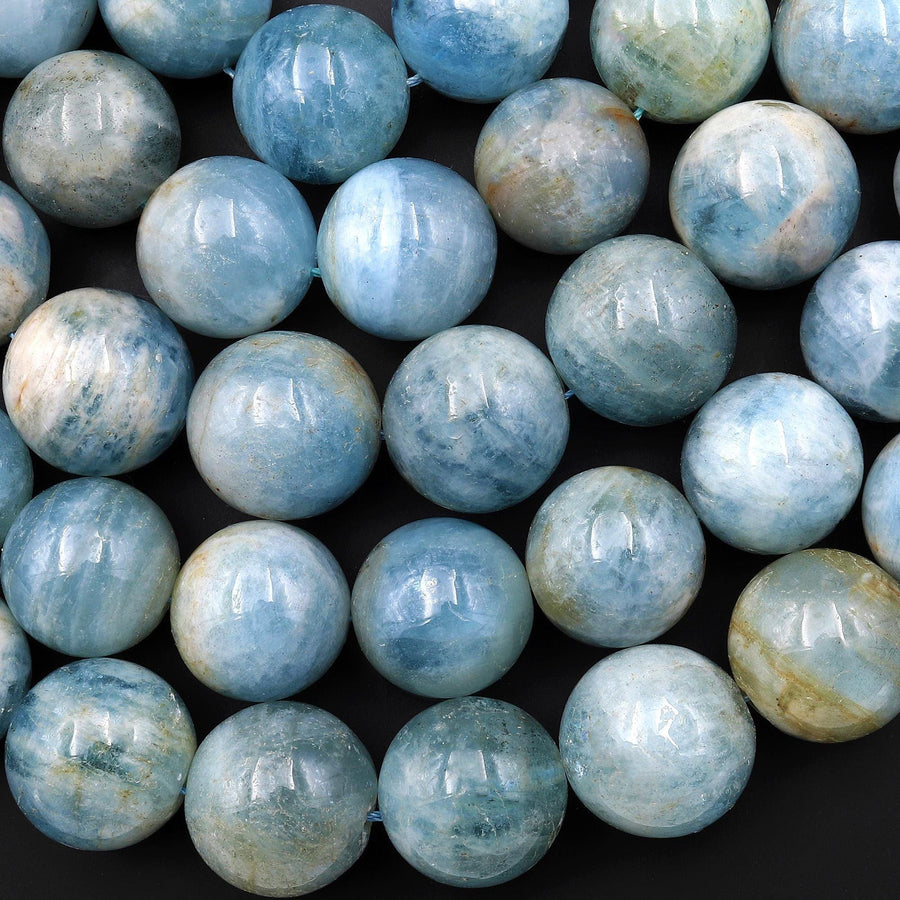 Large Genuine Natural Blue Aquamarine 13mm 14mm 16mm 18mm 20mm 22mm 24mm Smooth Round Beads 15.5" Strand