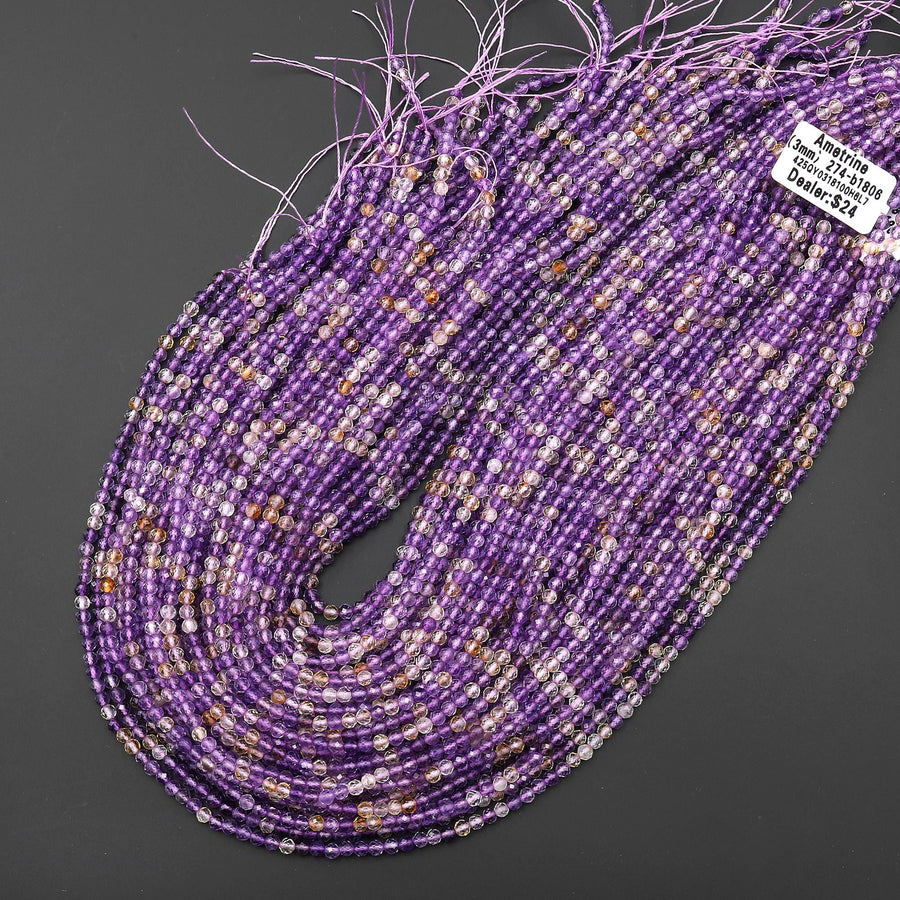 Faceted Natural Ametrine 2mm 3mm 4mm Round Beads Micro Laser Diamond Cut Gemstone 15.5" Strand