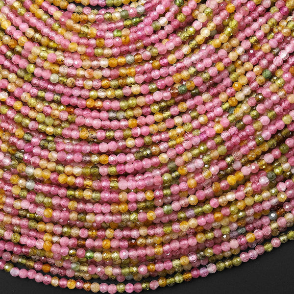 AAA Faceted Natural Pink Yellow Green Tourmaline 2mm Round Gemstone Beads 15.5" Strand
