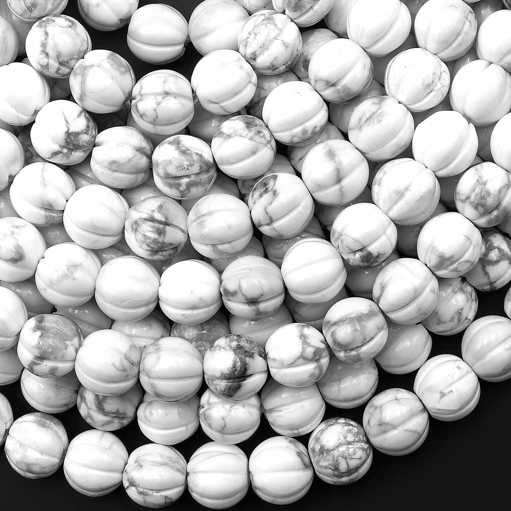 AAA Hand Carved Natural Howlite 8mm Round Melon Gemstone Beads