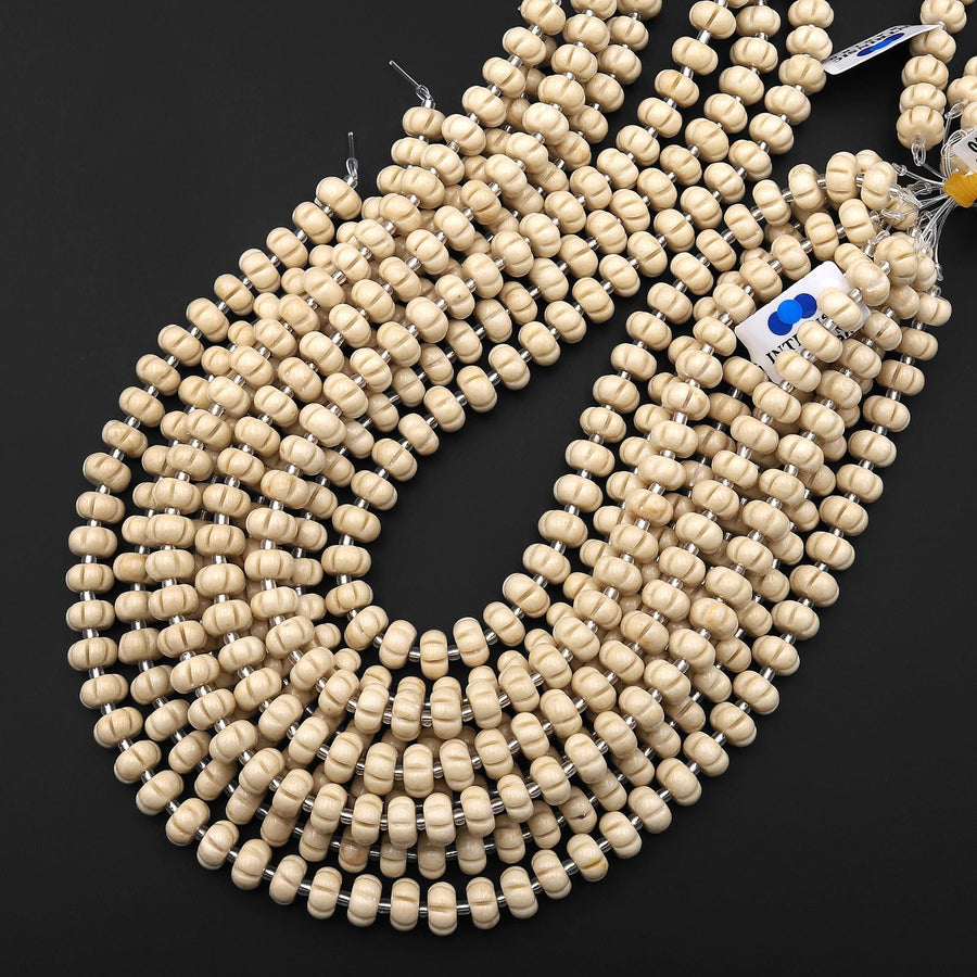 AAA Hand Carved Natural Fossil Jasper Aka Riverstone 10mm Melon Pumpkin Gemstone Beads