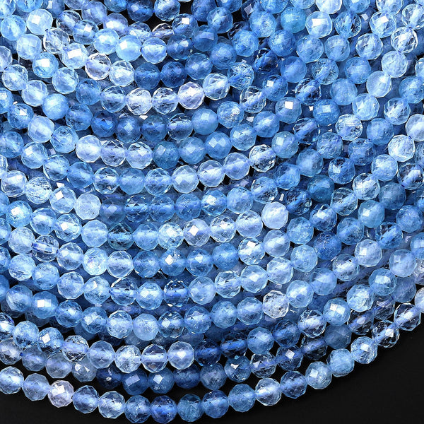 AAA Natural Blue Aquamarine 4mm Faceted Round Beads Multicolor Gradient Ombre Gemstone 15.5" Strand