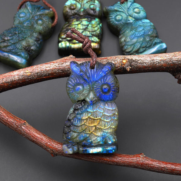 AAA Hand Carved Natural Labradorite Owl Pendant Drilled Gemstone Focal Bead A1